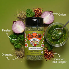 Pouring finished chimichurri from the Kiss the Chef jar onto grilled steak.