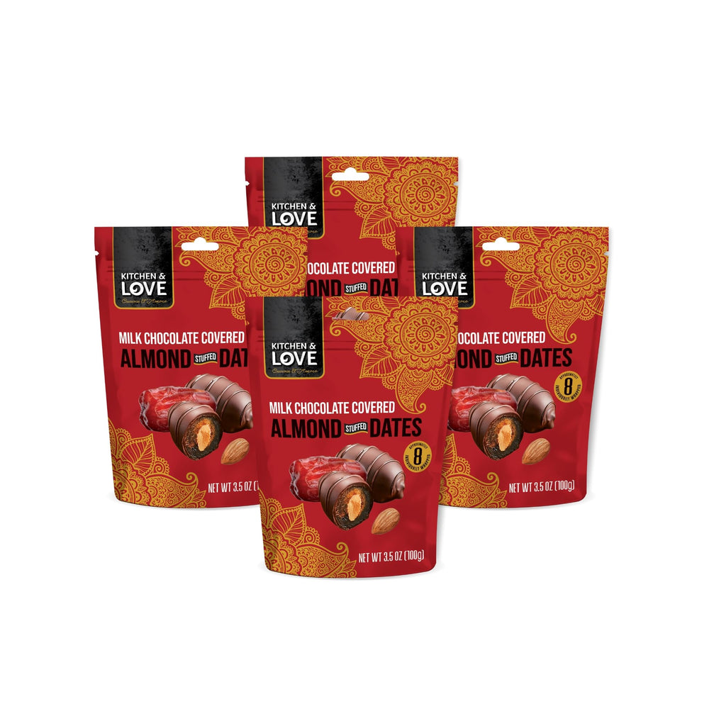 Kitchen & Love pouch close-up of premium milk chocolate almond stuffed dates for freshness