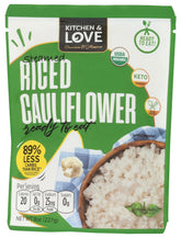 Kitchen & Love Organic Ready-to-Eat Riced Cauliflower front package, ideal for quick meals.