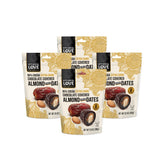 Kitchen & Love resealable pouch displays chocolate covered almond stuffed dates for convenient snacking