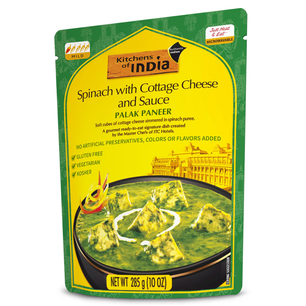 Kitchens of India Palak Paneer box front, convenient ready-to-eat meal for flavorful weeknights.
