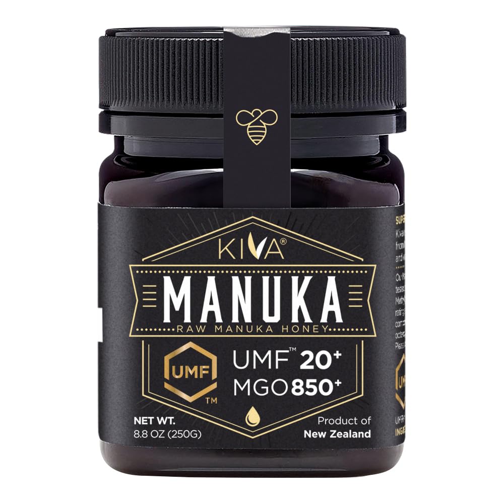 Kiva Raw Manuka Honey UMF 20+ bottle showing premium, traceable New Zealand honey.