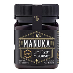 Kiva Raw Manuka Honey UMF 20+ bottle showing premium, traceable New Zealand honey.