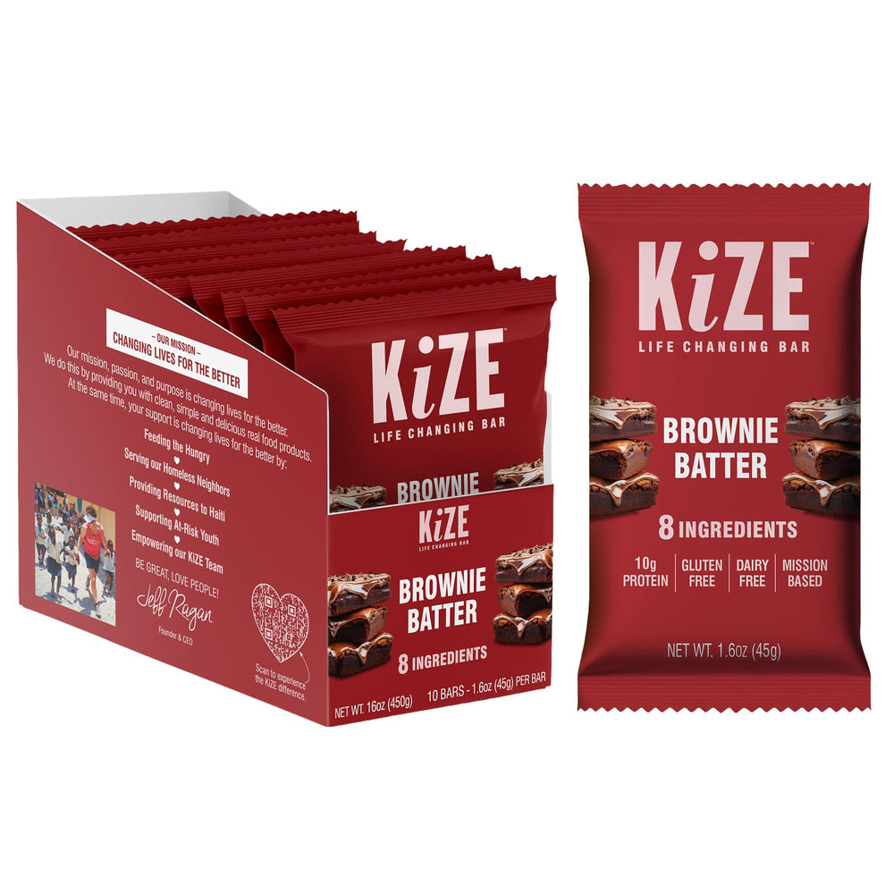 KiZE Brownie Batter energy bar, almond butter-based and gluten-free snack.