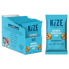 KiZE Energy Bar oatmeal chocolate chip front view highlights protein-rich snack.
