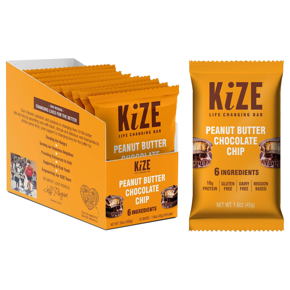 KiZE Peanut Butter Chocolate Chip packaging highlights gluten-free, clean ingredients for healthy snacking