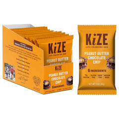 KiZE Peanut Butter Chocolate Chip packaging highlights gluten-free, clean ingredients for healthy snacking