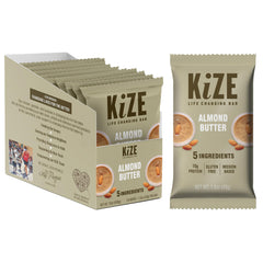 KiZE Energy Bar Almond Butter pack showcases gluten-free, high-protein snack for on-the-go nutrition.