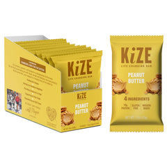 KiZE Energy Bars Peanut Butter packaging highlighting gluten-free, high-protein snack on the go