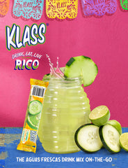Klass Aguas Frescas powder packets poured into water in a glass.