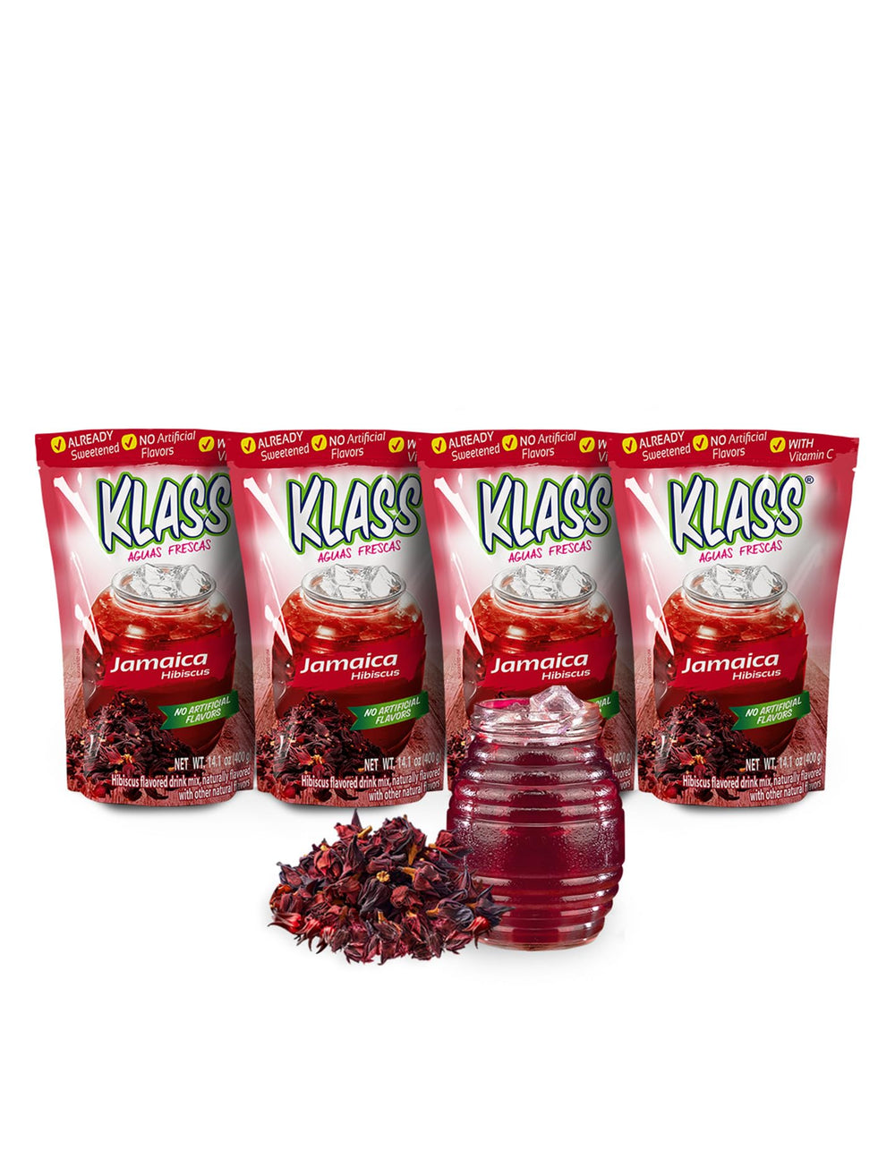 Klass Aguas Frescas hibiscus sachets on display, promoting natural flavors for refreshing water.