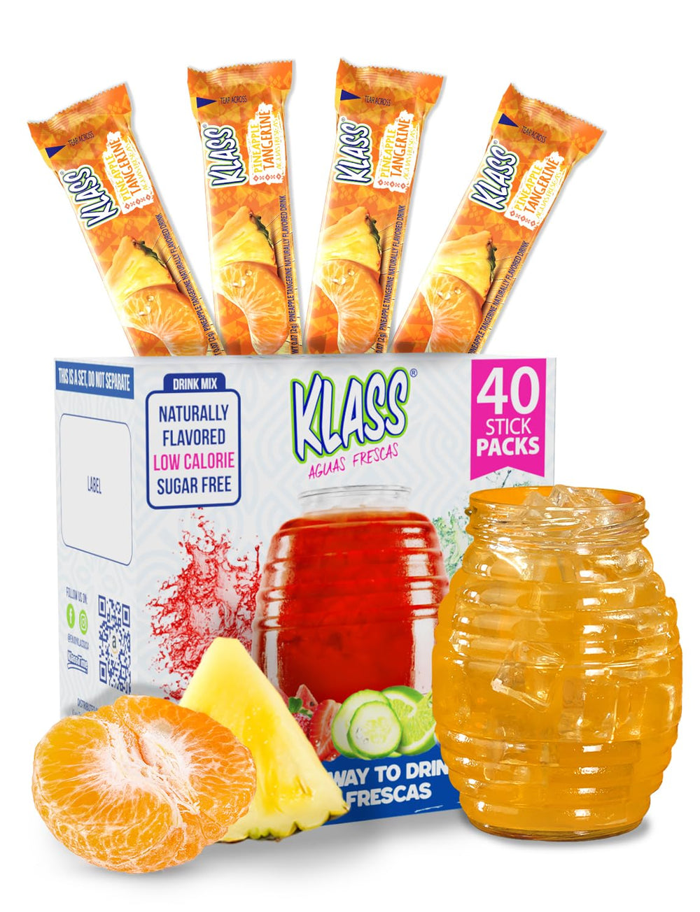 Klass Aguas Frescas pineapple-tangerine stick pack for on-the-go hydration.