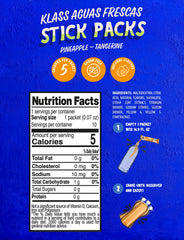 Kass Aguas Frescas pineapple-tangerine stick packs dispensing into water.