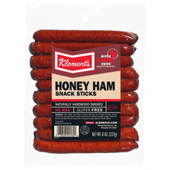 Klement's ham sticks honey pack shown, convenient 8 oz snack with hardwood smoke.