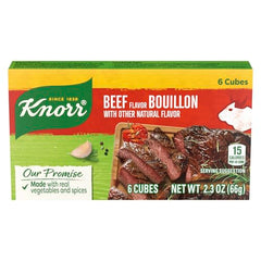 Packaging of Knorr beef bouillon cubes highlighting the six-cube bundle