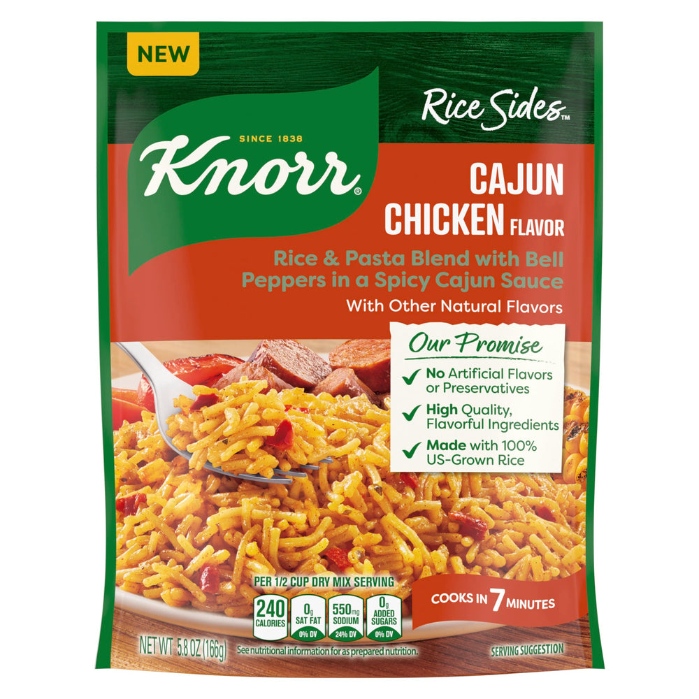 Knorr Cajun Chicken Flavored Side Meal packaging highlights a convenient 5.8 oz size.