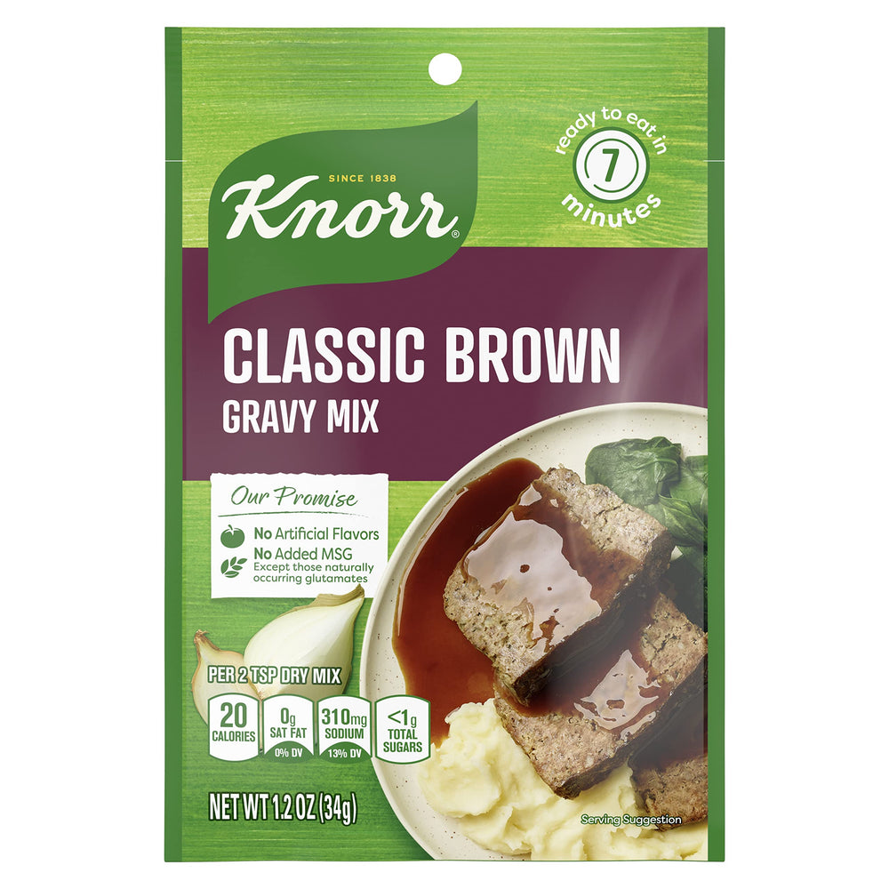 Knorr Classic Brown Gravy packaging on pantry shelf for quick weeknight meals