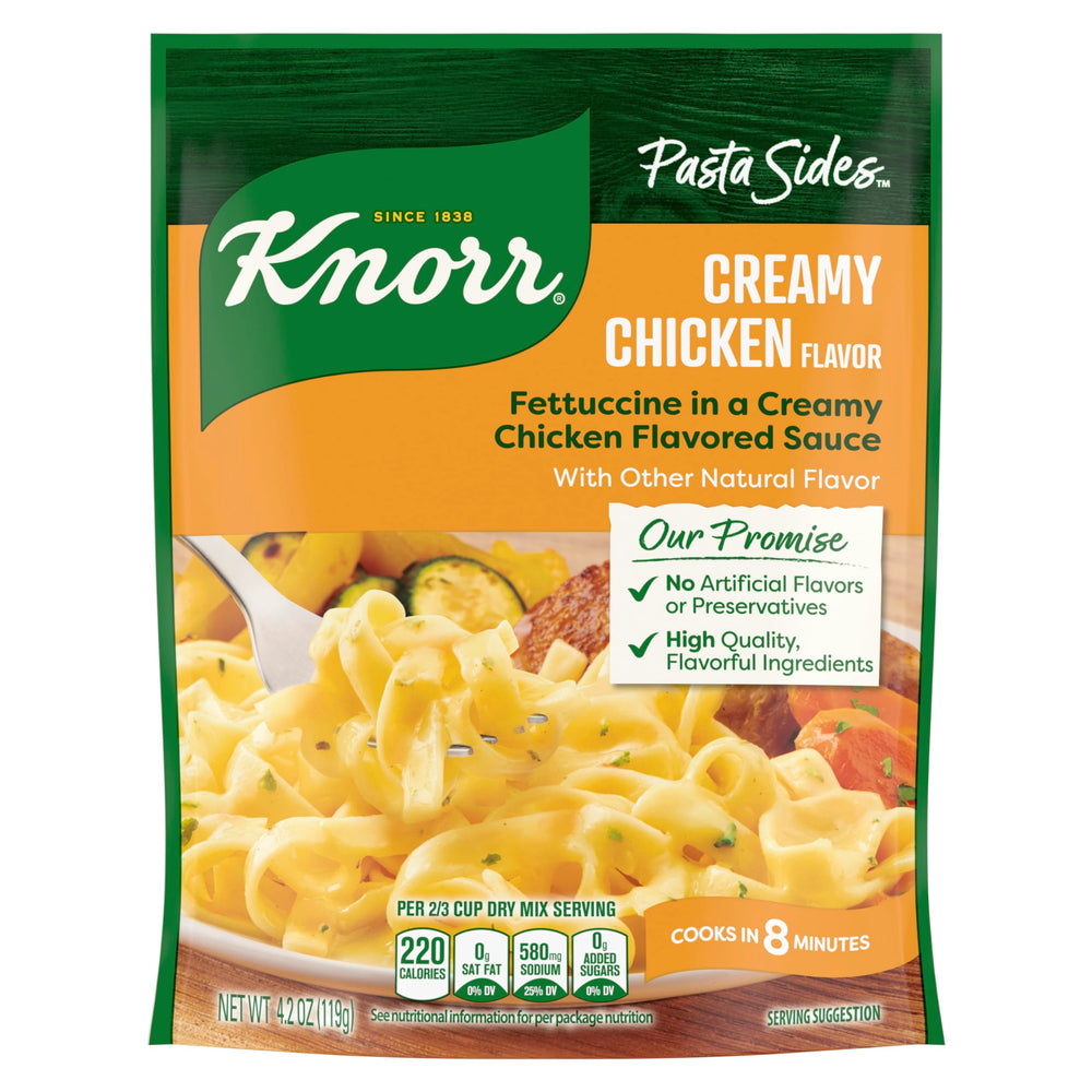 Knorr Creamy Chicken Pasta Side pack showing 4.2 oz serving, quick dinner option.
