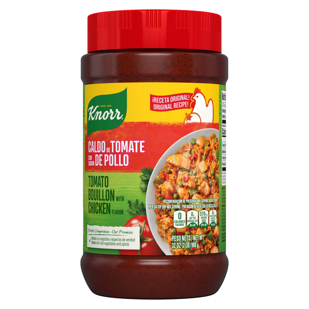 Pouring Knorr granulated chicken with tomato bouillon; quick flavor boost for sauces.