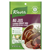 Knorr Gravy Mix Au Jus packet front close-up showcasing packaging and branding.