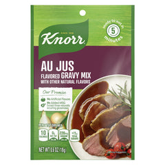 Knorr Gravy Mix Au Jus packet front close-up showcasing packaging and branding.