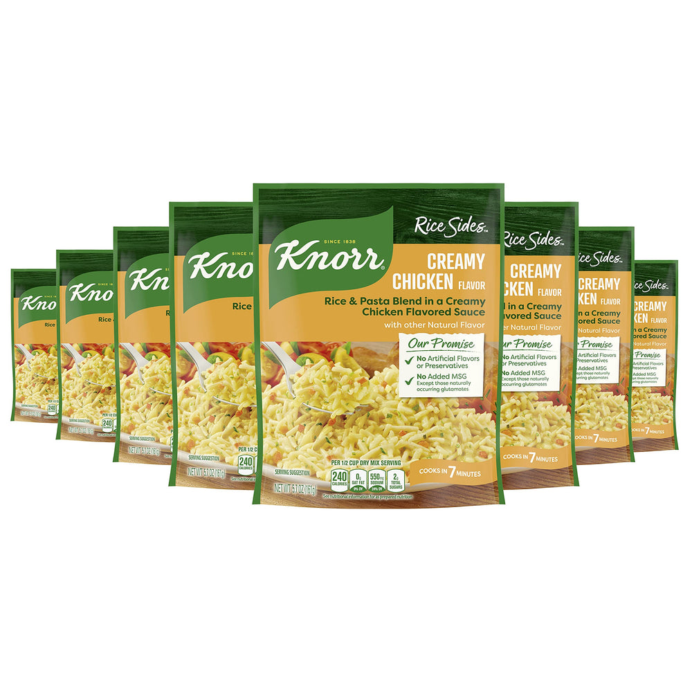 Knorr Rice Sides Creamy Chicken box on kitchen counter; quick weeknight dinner option.