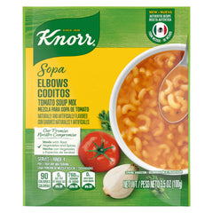 Knorr Sopa/Pasta Tomato with elbow pasta in a bowl, quick dinner option.