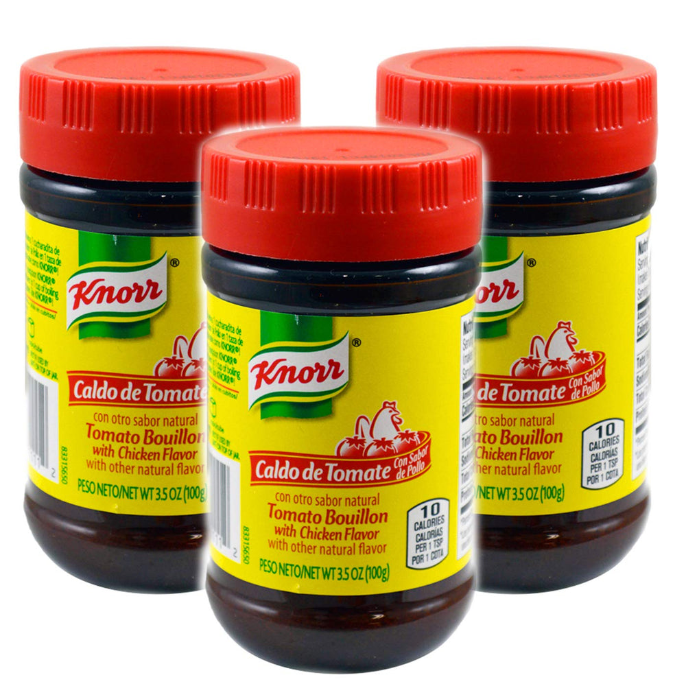 Knorr Tomato Grand Chicken Broth 3-pack, front view, showcases rich flavor base.
