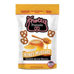 Knotty Pretzels Honey Mustard bag showing bold sweet-savory flavor ideal for beer moments.