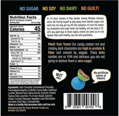 Know Brainer YumYums dark chocolate bites close-up highlighting vegan ingredients.