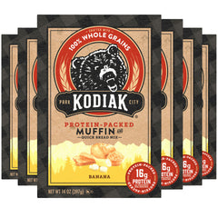 Kodiak Cakes Banana Muffin Mix six-pack front view, quick protein option for busy mornings