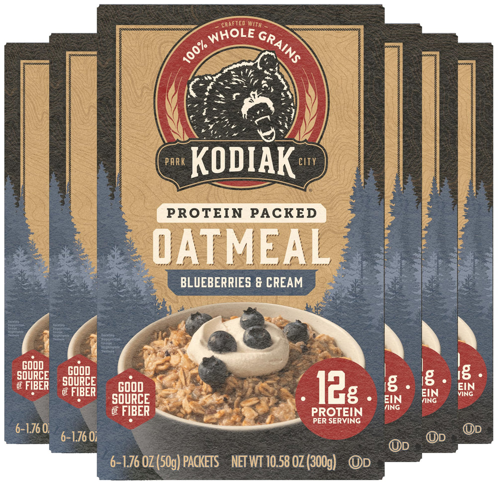 Kodiak Cakes Blueberries and Cream oatmeal packaging shows a six-box bundle for convenient breakfast planning.