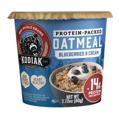 Kodiak Cakes blueberries and cream flavor oatmeal cup on a morning table