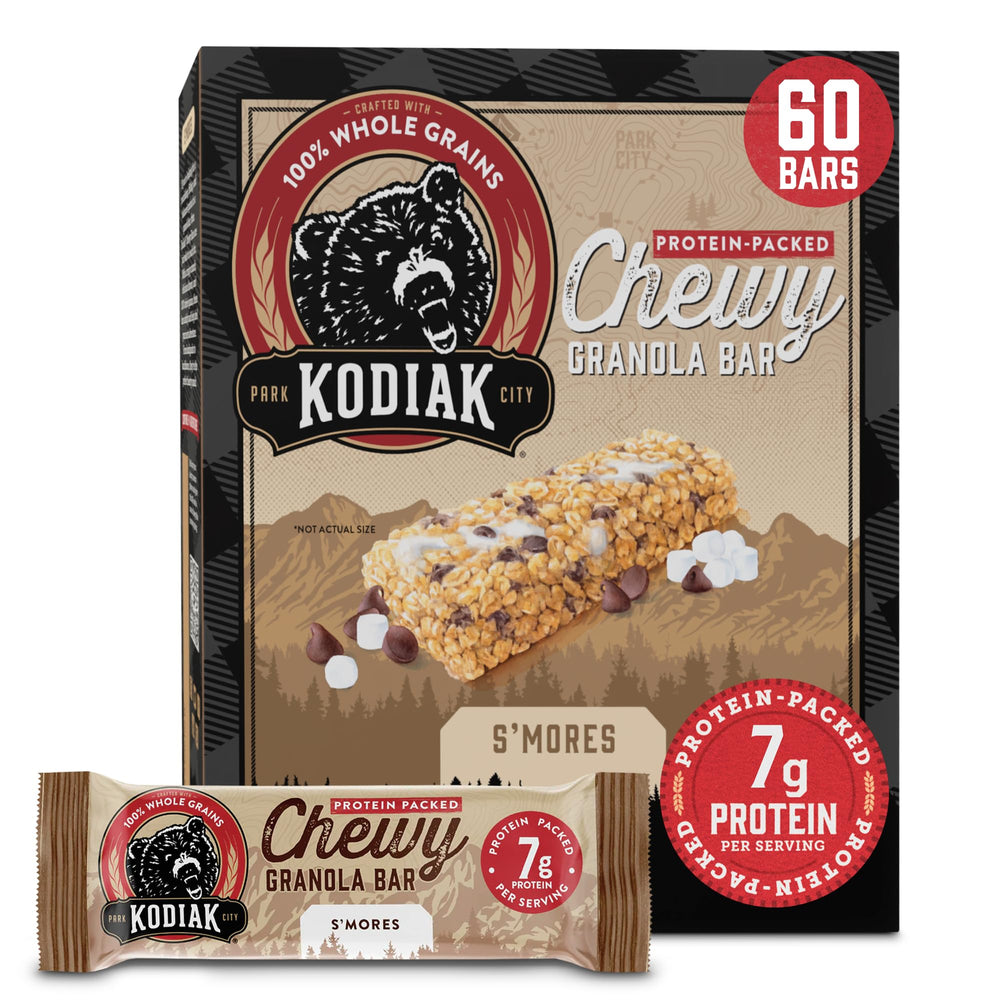 Kodiak Cakes Chewy S'mores bars in a pack, perfect for on-the-go snacking.