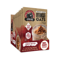 Kodiak Cakes Cookie Butter Overnight Oats packaging shows 9 convenient pouches for busy mornings.