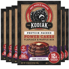 Kodiak Cakes Power Cakes Dark Chocolate box front, six-pack, high-protein breakfast option.