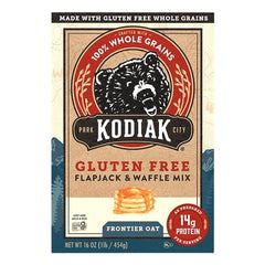 Kodiak Cakes Frontier oat mix with measuring cups, easy portions for pancake or waffle batter.