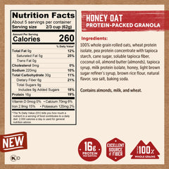 Kodiak Cakes Honey Oat Granola serving scoop highlights protein-packed snack.