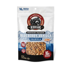 Kodiak Cakes granola closeup highlighting 16g protein per serving.