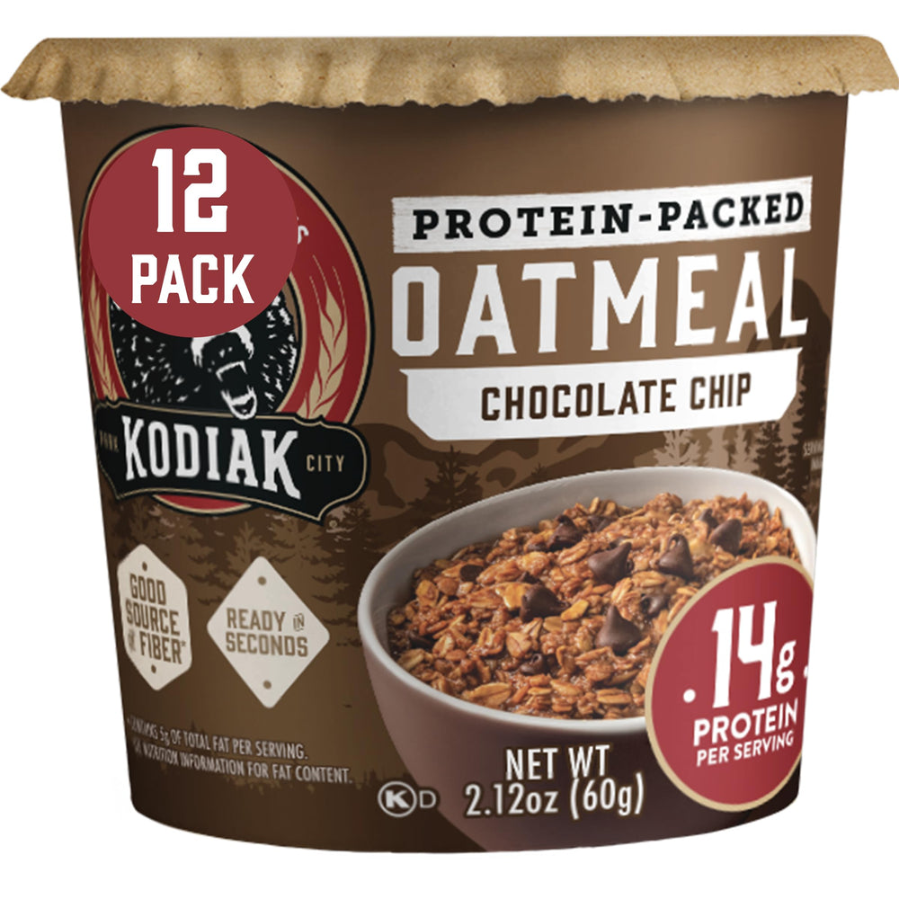 Kodiak Cakes instant protein chocolate chip oatmeal cup packaging in a 12-pack for quick breakfast.