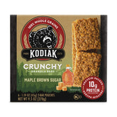 Kodiak Cakes Maple Brown Sugar Crunchy Granola Bars packaging shows convenient, protein-packed on-the-go snack.