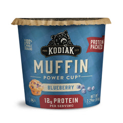 Kodiak Cakes Minute Muffins Mountain Blueberry pack on shelf, quick breakfast.