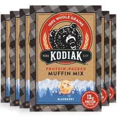 Kodiak Cakes Blueberry Muffin Pack6 label highlighting whole grains and protein benefits