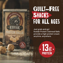 Kodiak Cakes oatmeal protein ball mix chocolate chip dry ingredients spread, emphasizing wholesome grains.