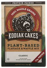 Kodiak Cakes Plant-Based Flapjack Mix box showing fiber-rich whole grains