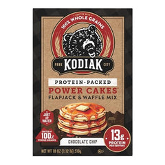 Served Kodiak Cakes chocolate chip pancakes with fruit for a balanced start.