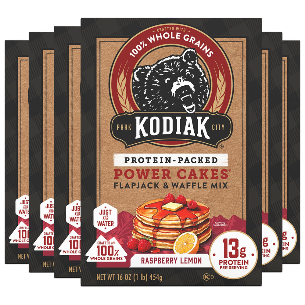 Kodiak Cakes Raspberry Lemon Power Cakes batter pour, protein-packed breakfast option.