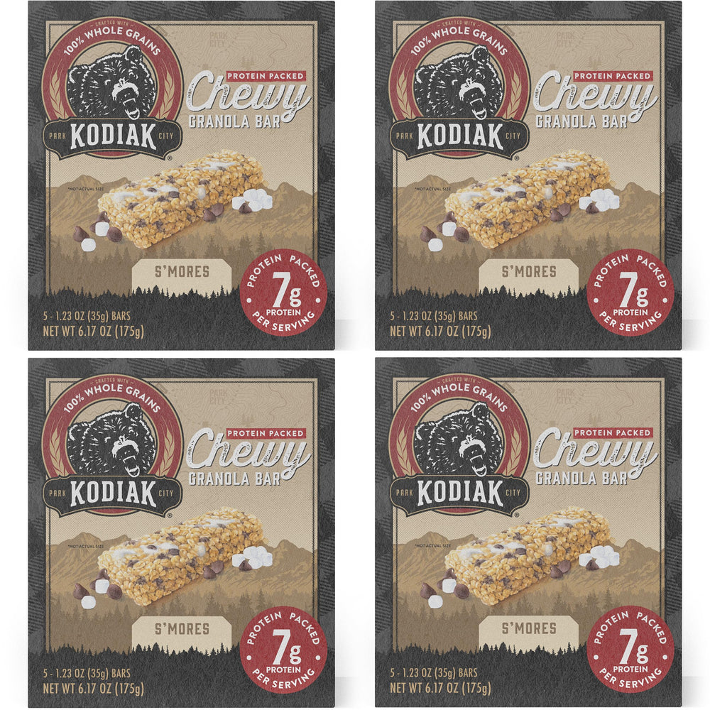 Kodiak Cakes S'mores Chewy Bars pack of four boxes for on-the-go snacking during hikes or commutes.