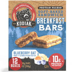 Kodiak Cakes soft-baked blueberry oat breakfast bar for on-the-go protein.