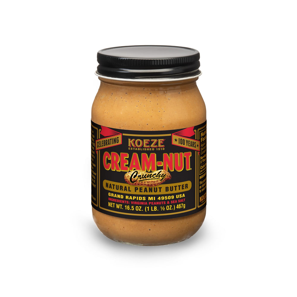 Koeze Cream-Nut Crunchy Natural Peanut Butter jar with chunky Virginia peanuts for a hearty crunch.